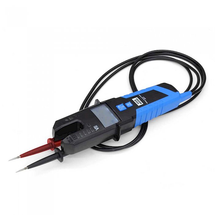 Professional voltage tester with LED-chain, LCD and current fork (fork meter)
