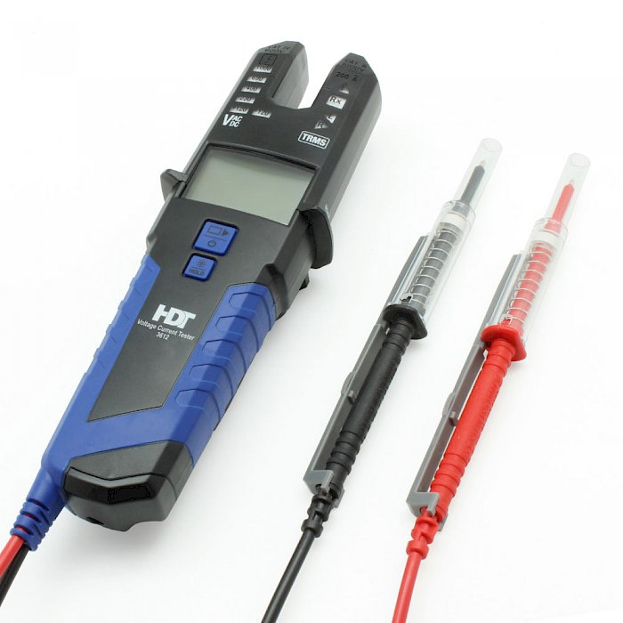 Professional voltage tester with LED-chain, LCD and current fork (fork meter)