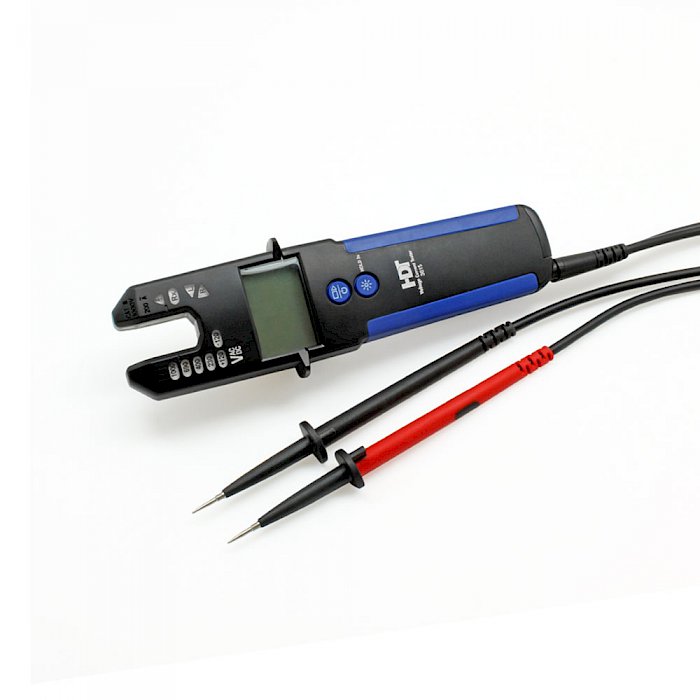 Professional voltage tester with LED-chain, LCD and current fork (fork meter)